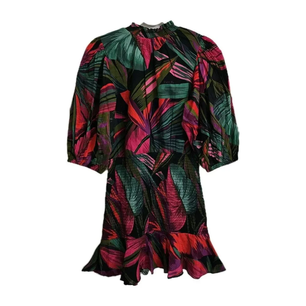 Farm Rio Midnight Leaves Mini‎ Dress Small Floral Print Smocked Short Sleeve